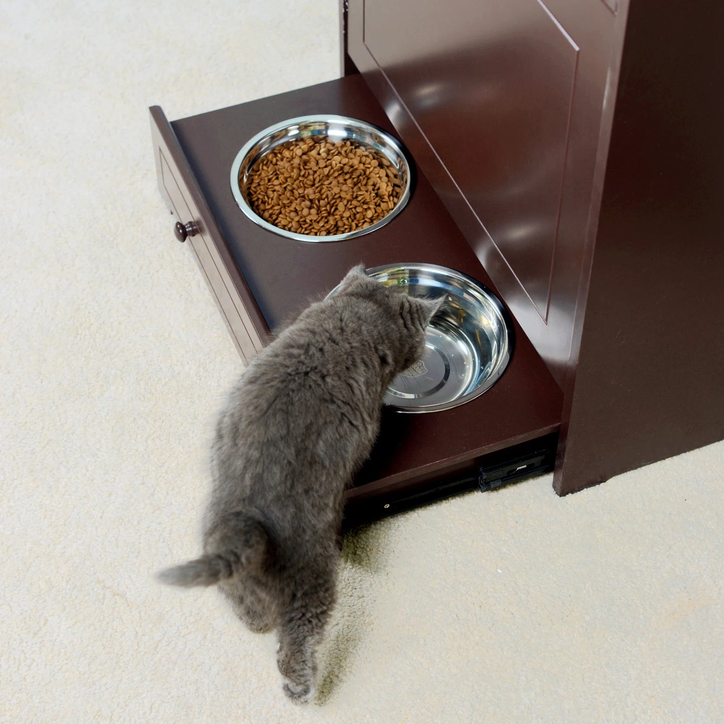 Pet Feeder Station with Storage,Made of MDF & Waterproof Painte,;Dog and Cat Feeder Cabinet with Stainless Bowls;