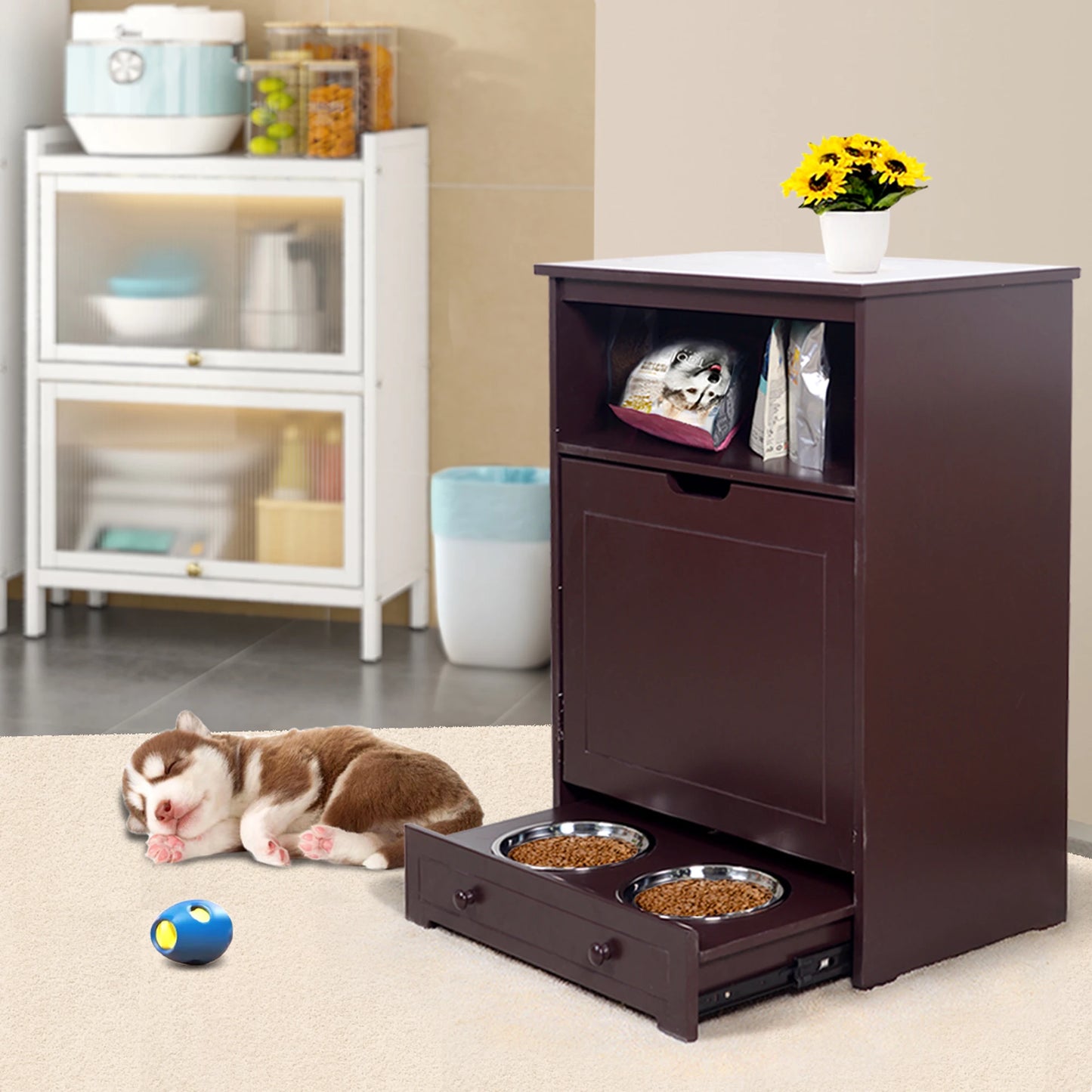 Pet Feeder Station with Storage,Made of MDF & Waterproof Painte,;Dog and Cat Feeder Cabinet with Stainless Bowls;