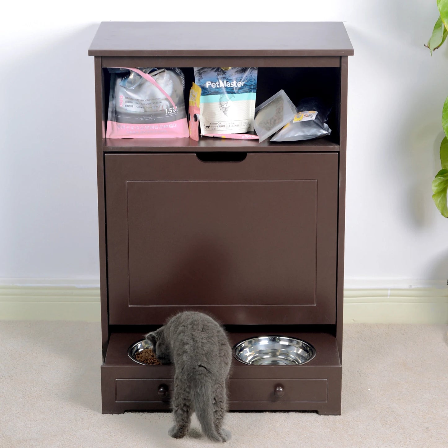 Pet Feeder Station with Storage,Made of MDF & Waterproof Painte,;Dog and Cat Feeder Cabinet with Stainless Bowls;