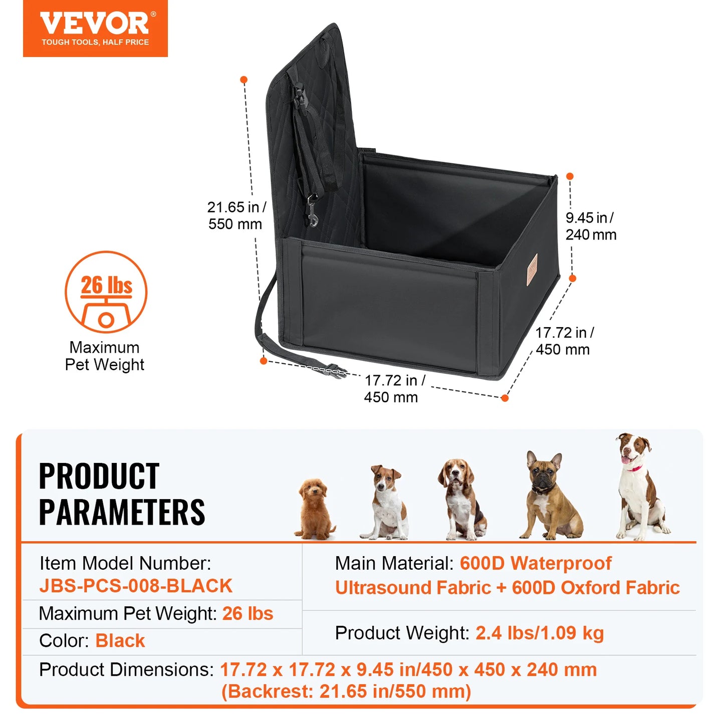 Dog Car Seat; Waterproof Dog Booster Seat; Pet Car Seat with Clip-On Safety Leash;