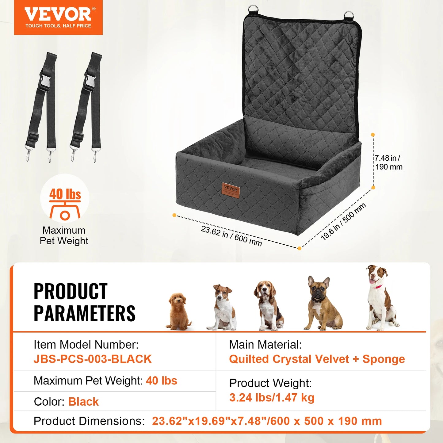 Dog Car Seat; Waterproof Dog Booster Seat; Pet Car Seat with Clip-On Safety Leash;