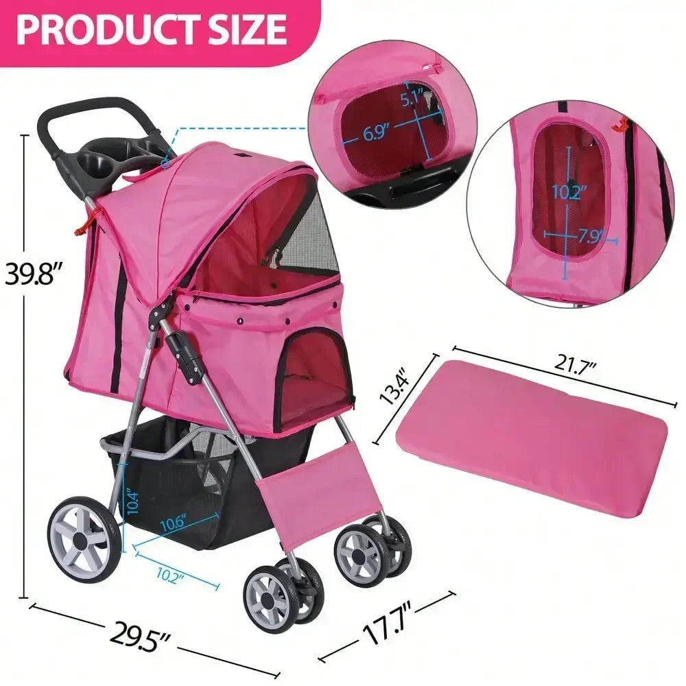 Pet Stroller Foldable; Jogger Travel Stroller w/ Basket;