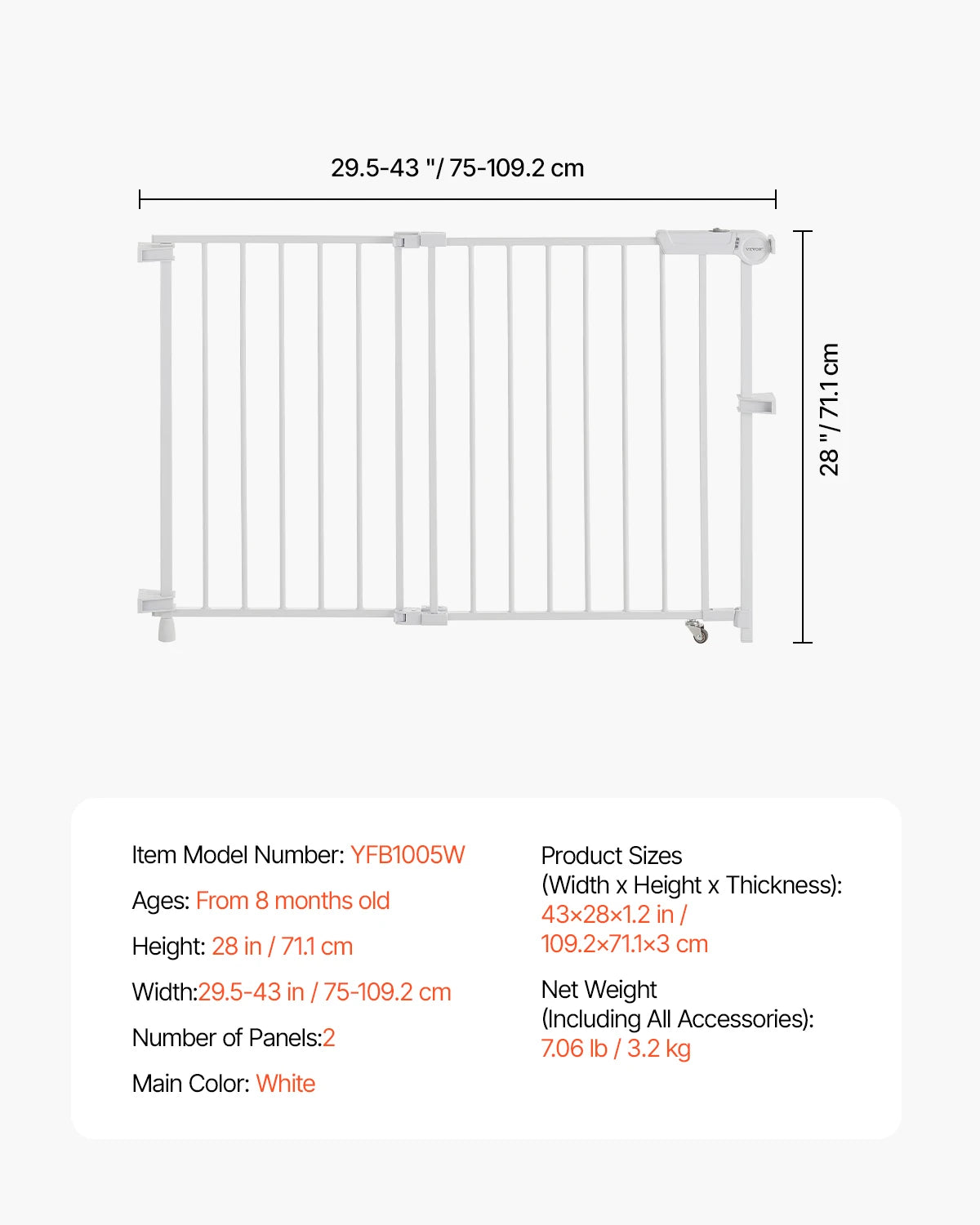 Gate 29.5 x 43 Adjustable Width; Easy Step Walk Thru;