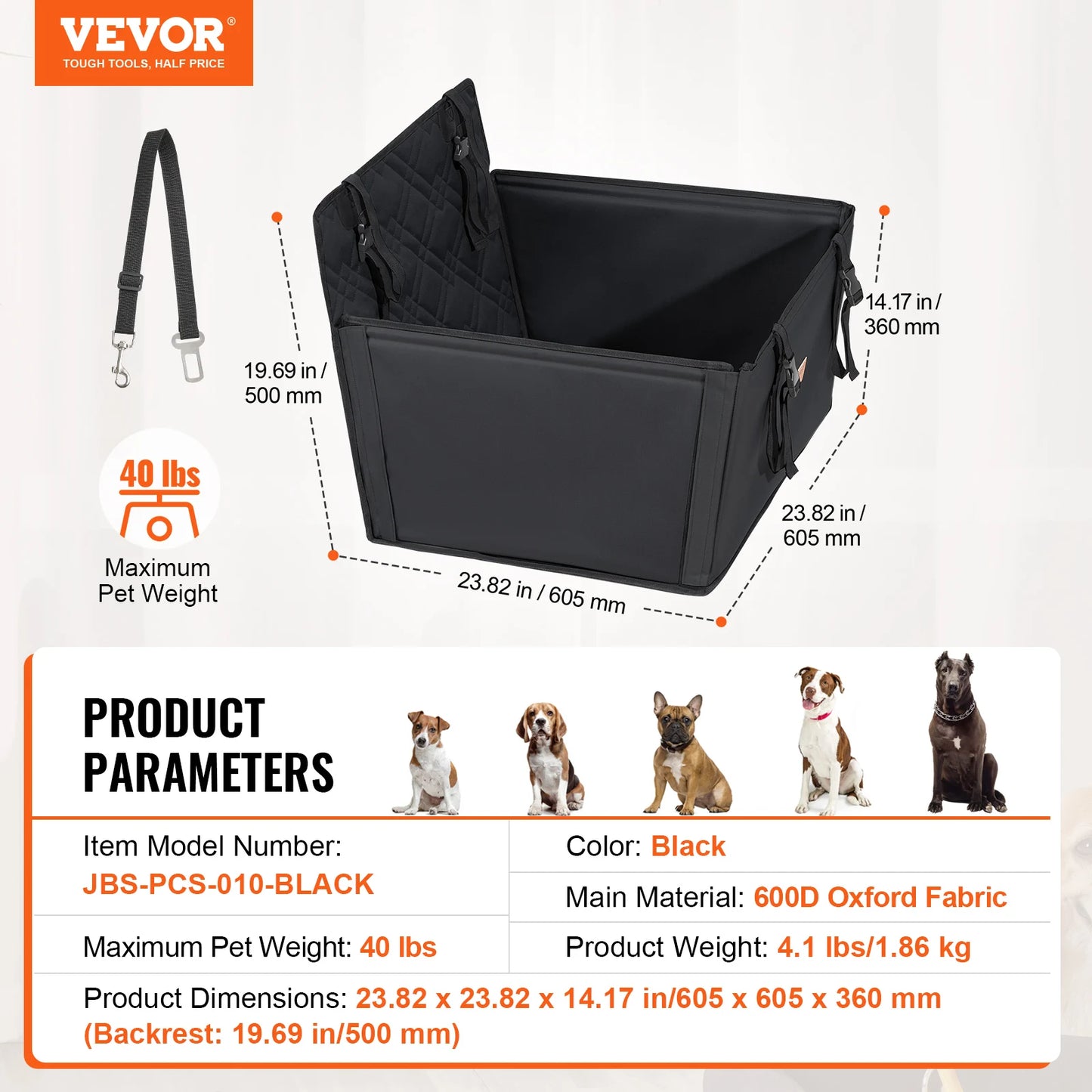 Dog Car Seat; Waterproof Dog Booster Seat; Pet Car Seat with Clip-On Safety Leash;