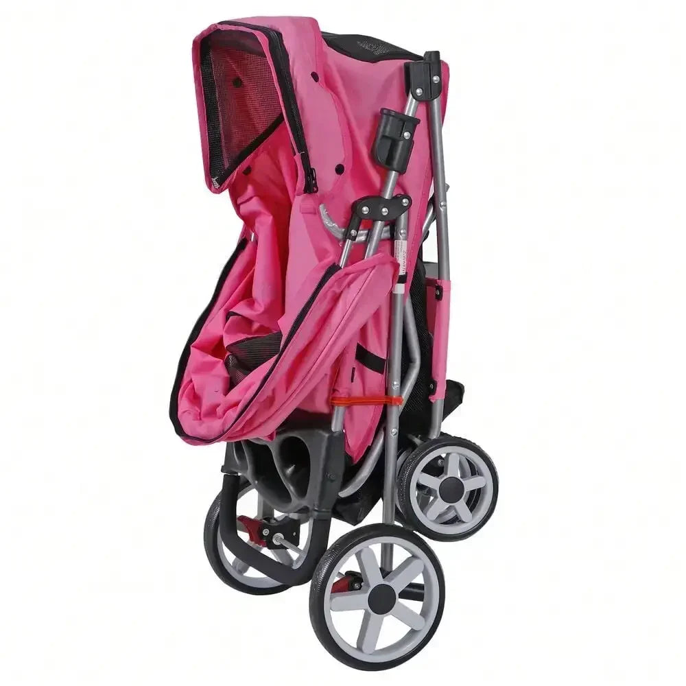 Pet Stroller Foldable; Jogger Travel Stroller w/ Basket;