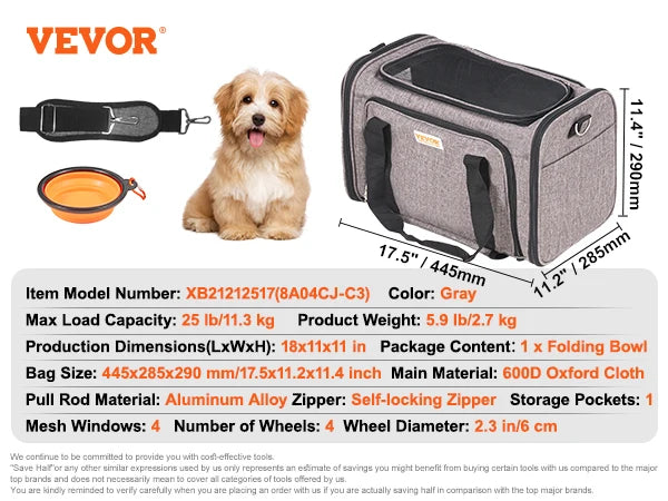 Pet Carrier Breathable; Airline approved; Carry Backpack w/ Telescopic Handle