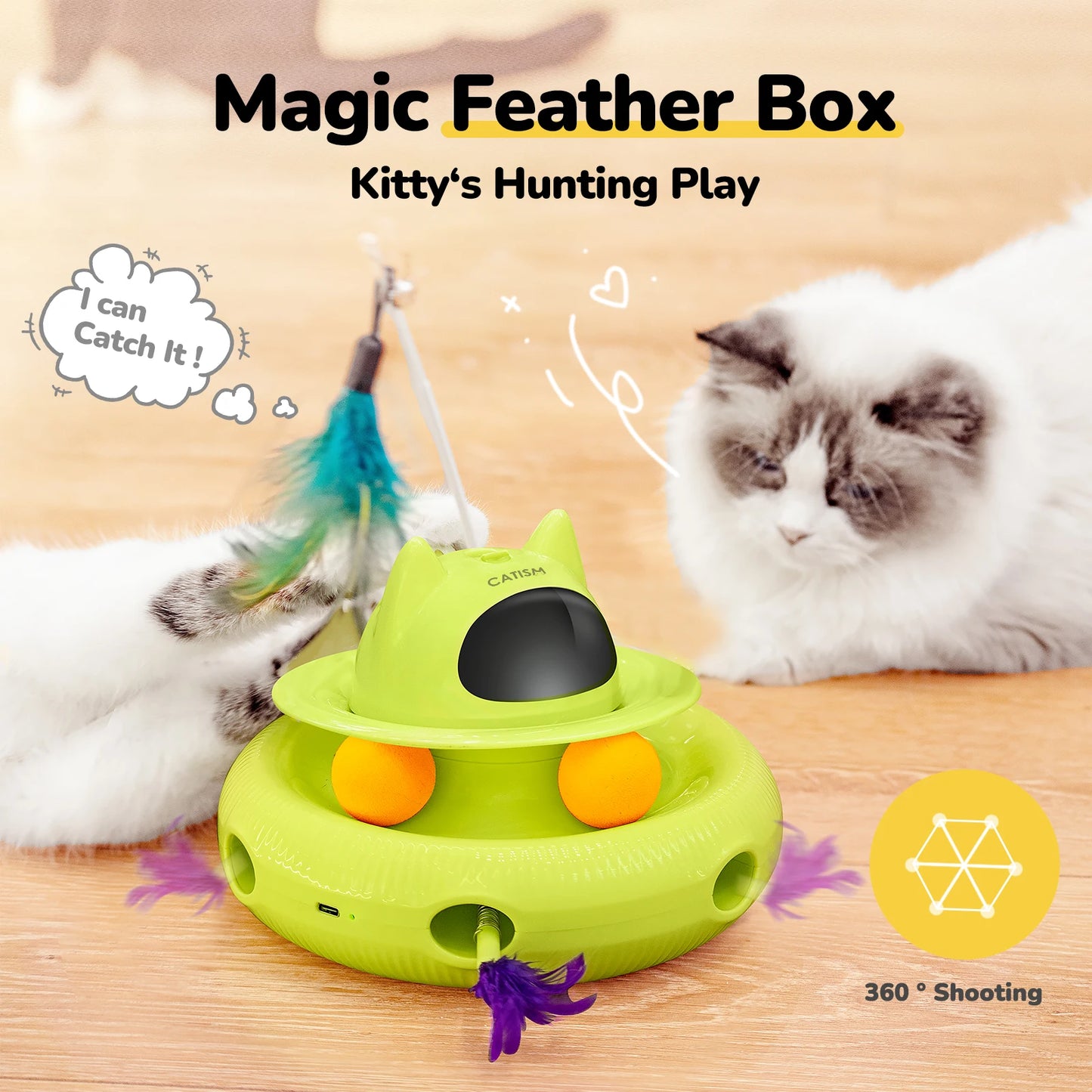 Magic Box Cat Teaser, Yellow-green w/ base feather;