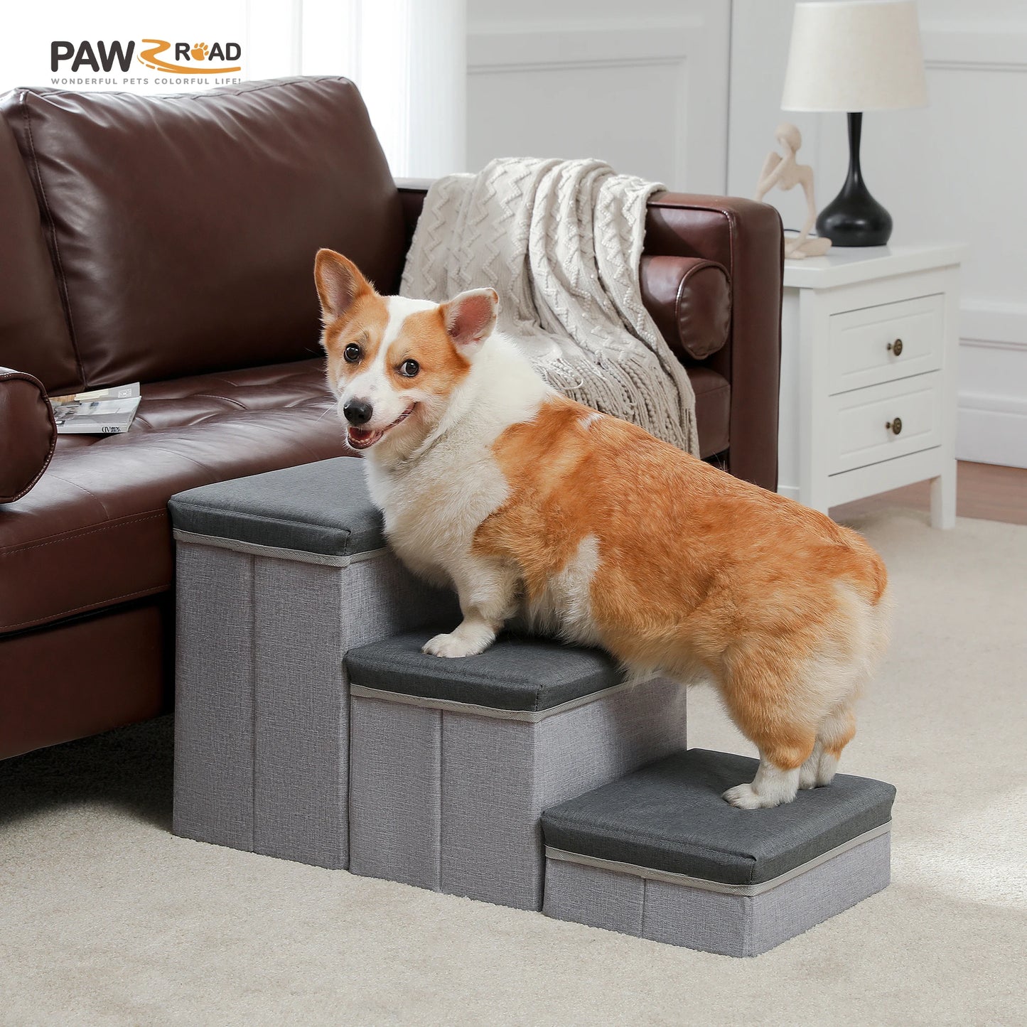 3-Tier Dog Stairs Foldable; Storage Box; Adjustable ;