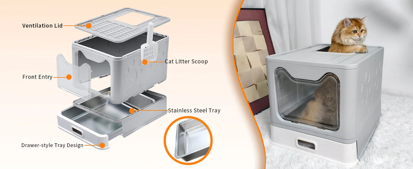 Enclosed Cat Litter Box w/ Scoop; Large Litter Box Top / Front Entry ;