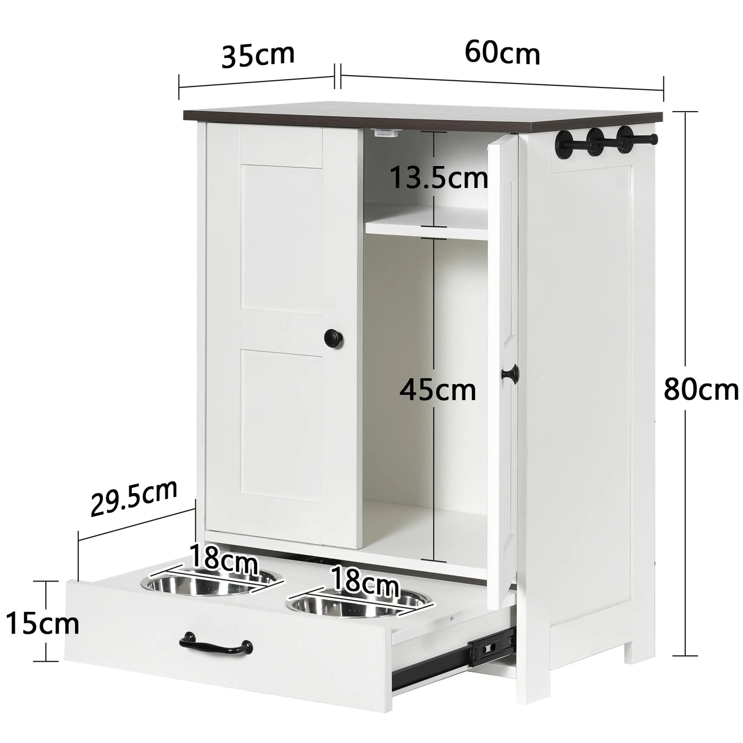 Pet Feeding Station; Food Storage Cabinet w/ Hooks Hidden Detachable Med. Stainless Steels Pet Bowls;