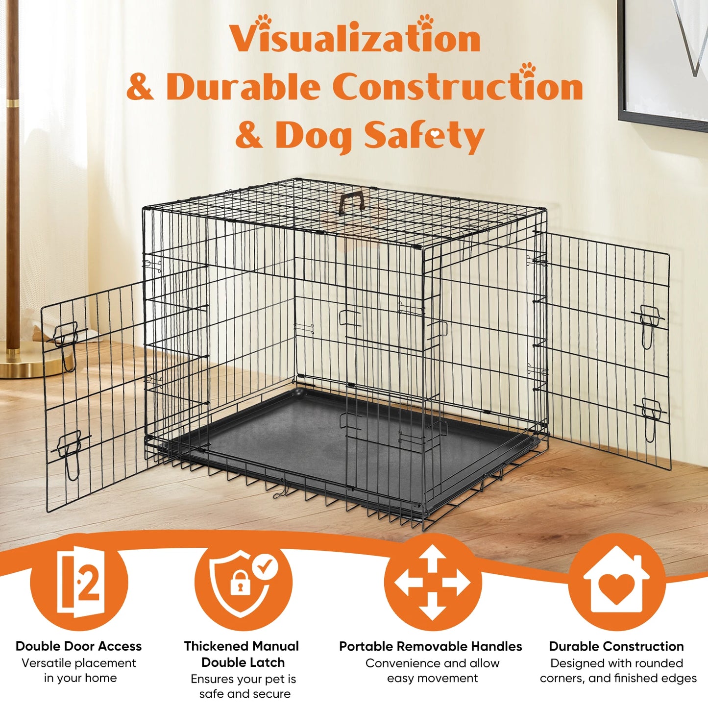 Double Door Folding Metal Wire Crate; Removable tray;