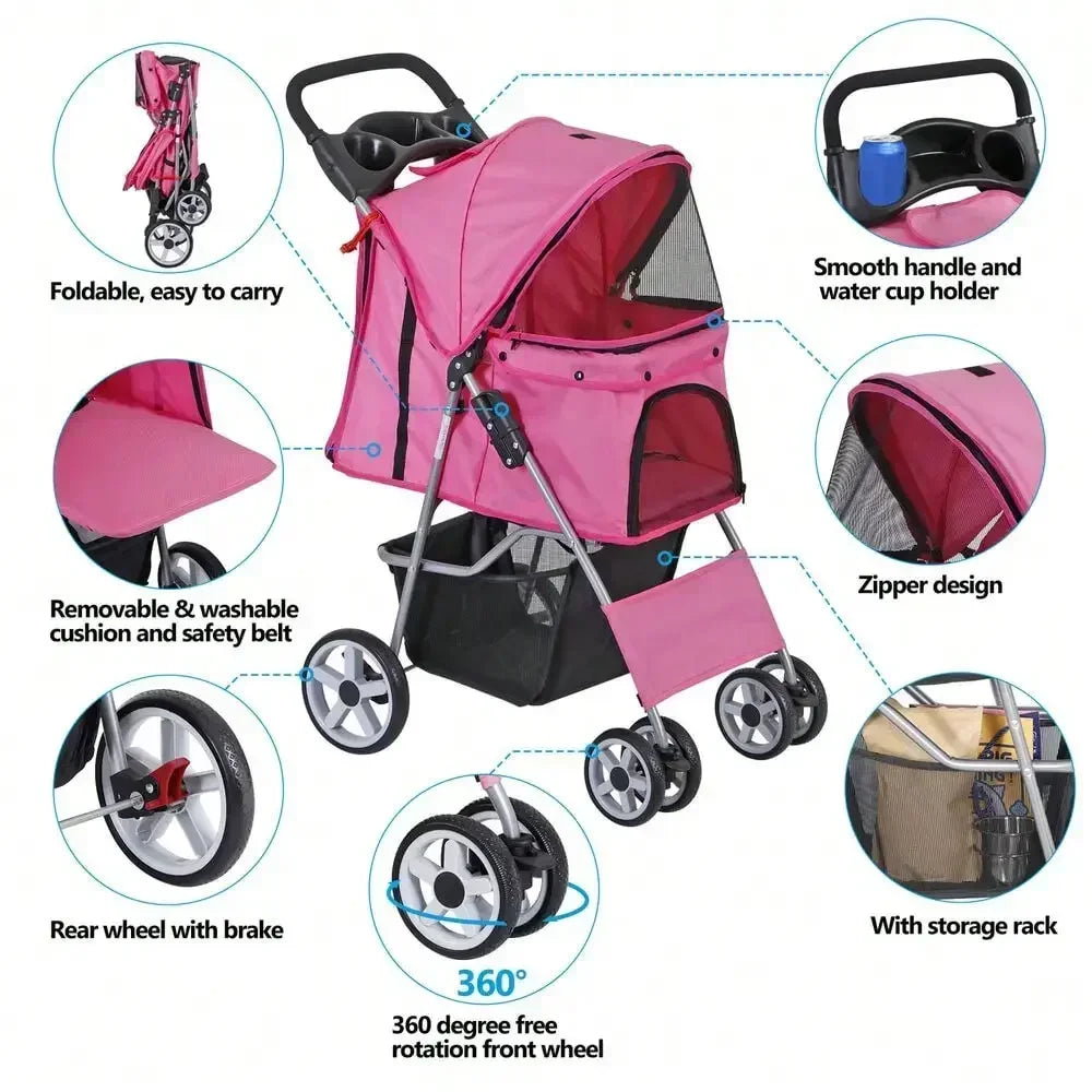 Pet Stroller Foldable; Jogger Travel Stroller w/ Basket;
