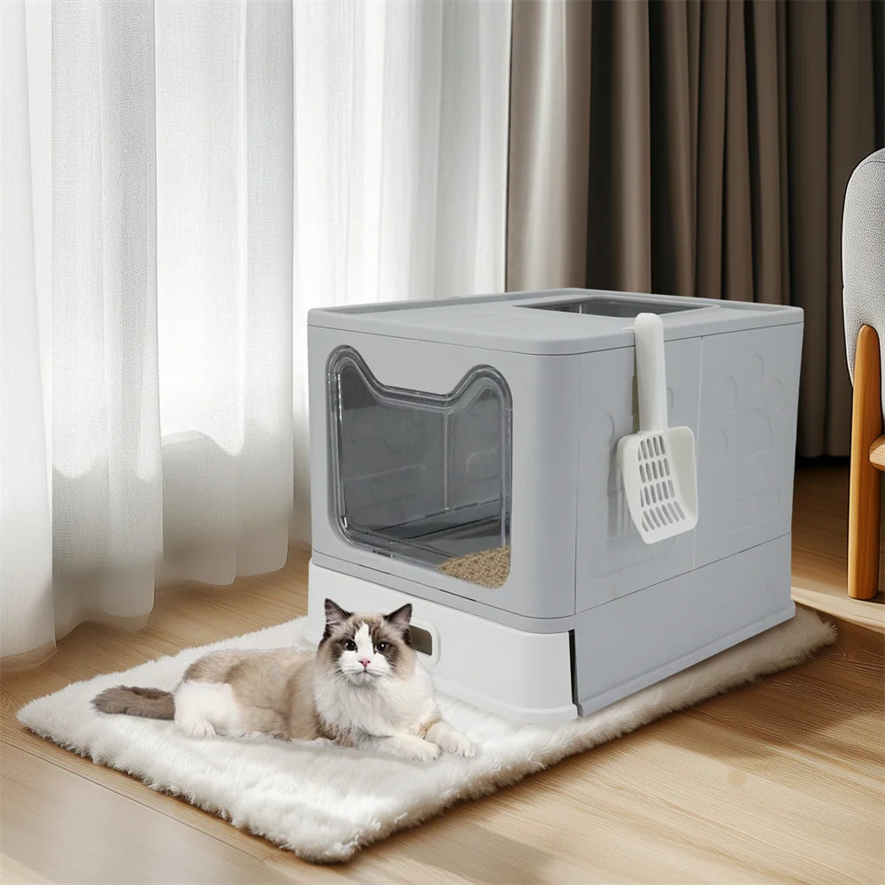 Enclosed Cat Litter Box w/ Scoop; Large Litter Box Top / Front Entry ;