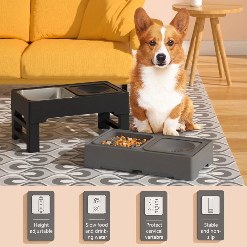 Elevated Dog Food Feeder; Raised Dog Bowl Stand w/ Bowls;