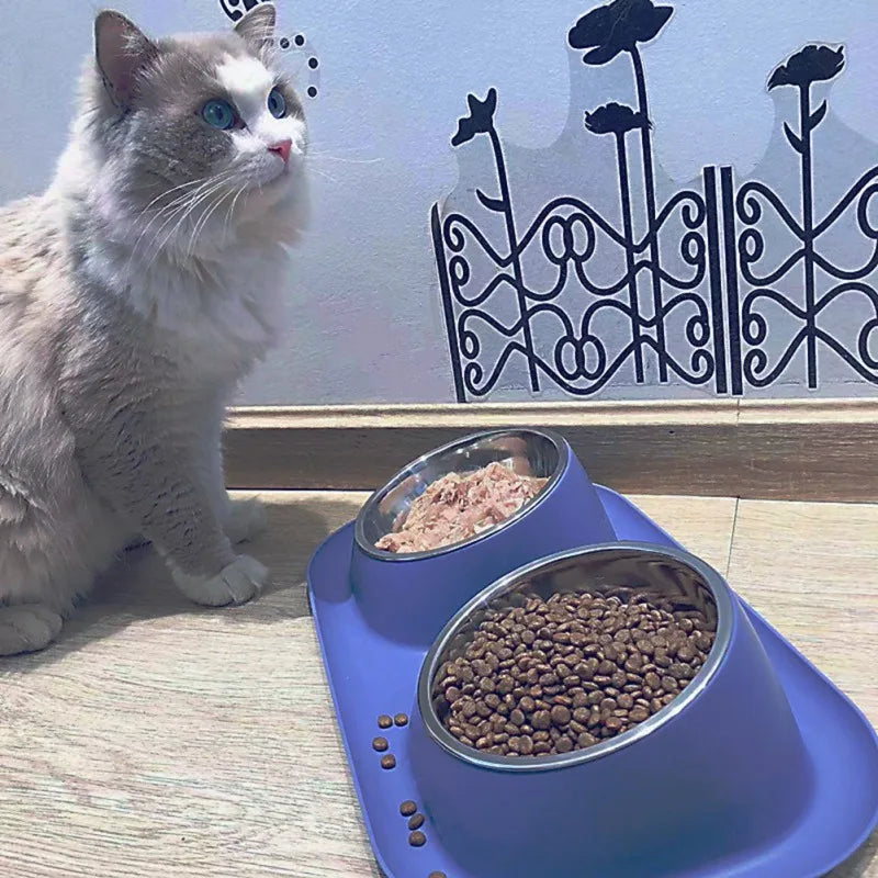Stainless Steel Double Cat/ Dog Bowl; Cat Food Container Non-slip Tilt Safeguard Neck Puppy/ Cat Bowl ;