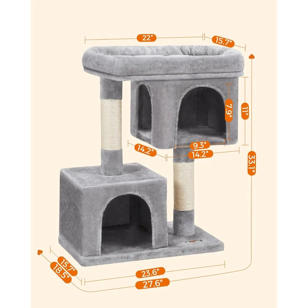 Cat Tree, 33.1-Inch Cats Tower, L, Cat Condo for Large Cats up to 16 lb, Large Cat Perch,2 Cats Caves,Scratching Post,Light Gray