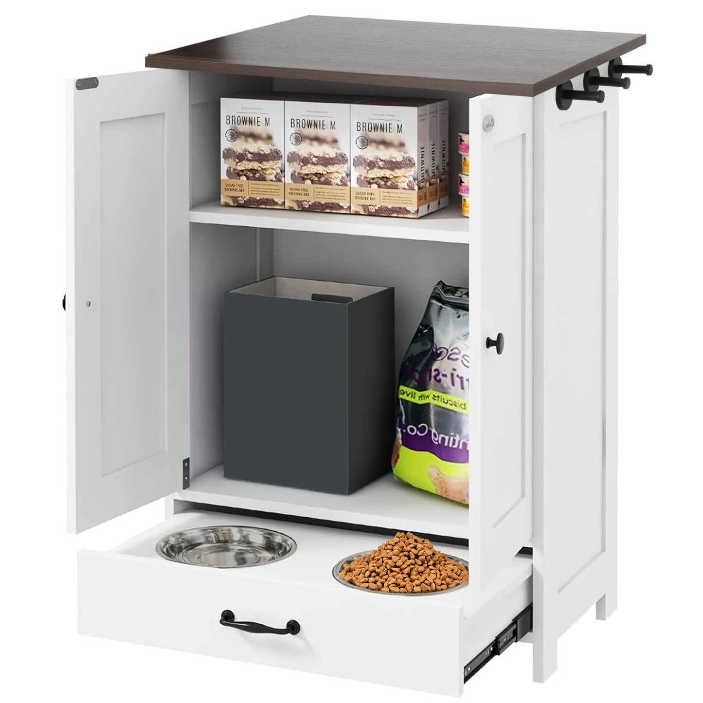 Pet Feeding Station; Food Storage Cabinet w/ Hooks Hidden Detachable Med. Stainless Steels Pet Bowls;