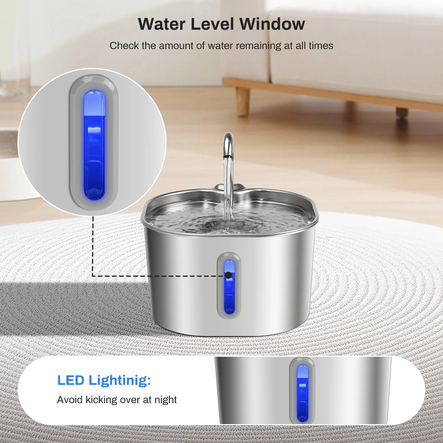 2.2L Stainless Steel Cat Water Fountain : Ultra Quiet Cat Fountain w/ Filtration, LED Water Level Window ;