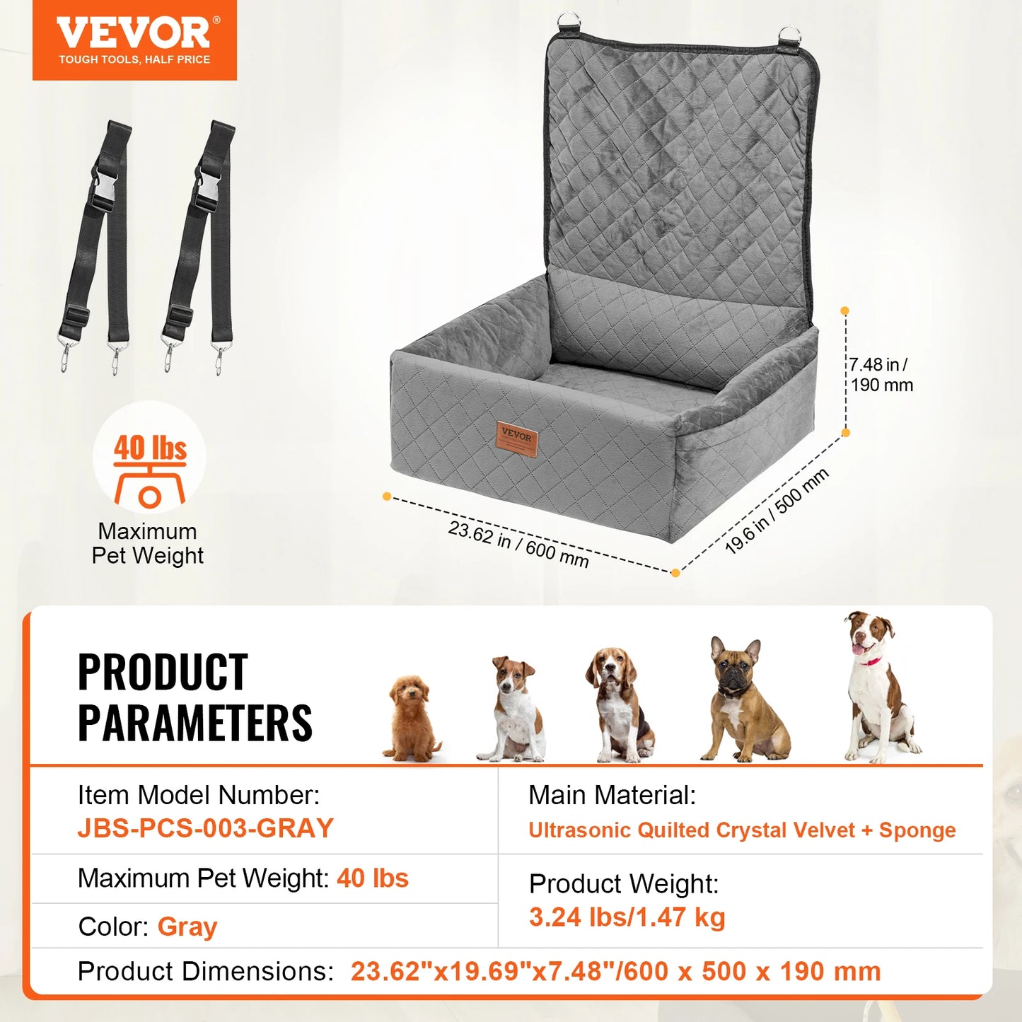 Dog Car Seat; Waterproof Dog Booster Seat; Pet Car Seat with Clip-On Safety Leash;