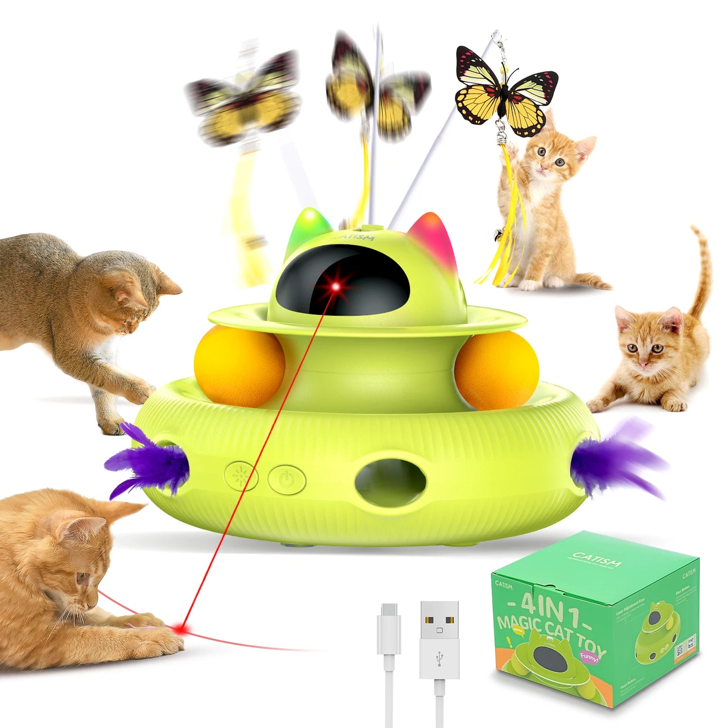 Magic Box Cat Teaser, Yellow-green w/ base feather;