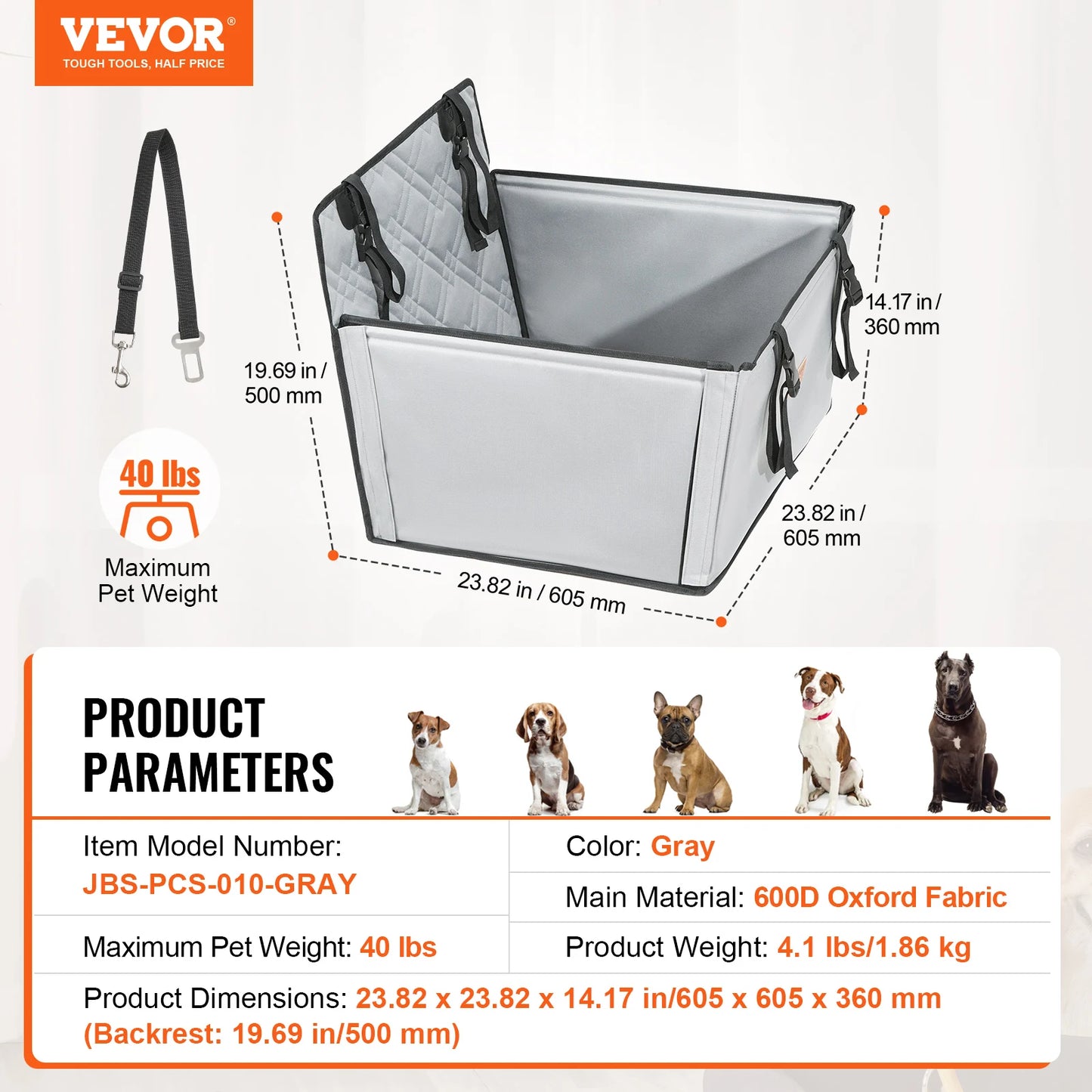 Dog Car Seat; Waterproof Dog Booster Seat; Pet Car Seat with Clip-On Safety Leash;