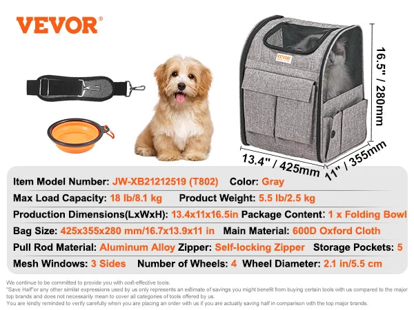 Pet Carrier Breathable; Airline approved; Carry Backpack w/ Telescopic Handle