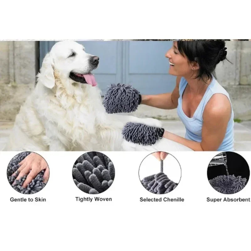Pet Grooming Gloves ;Quick Drying Dogs Paw Towel; Chenille Microfiber Double Sided Dogs Grooming Mit;