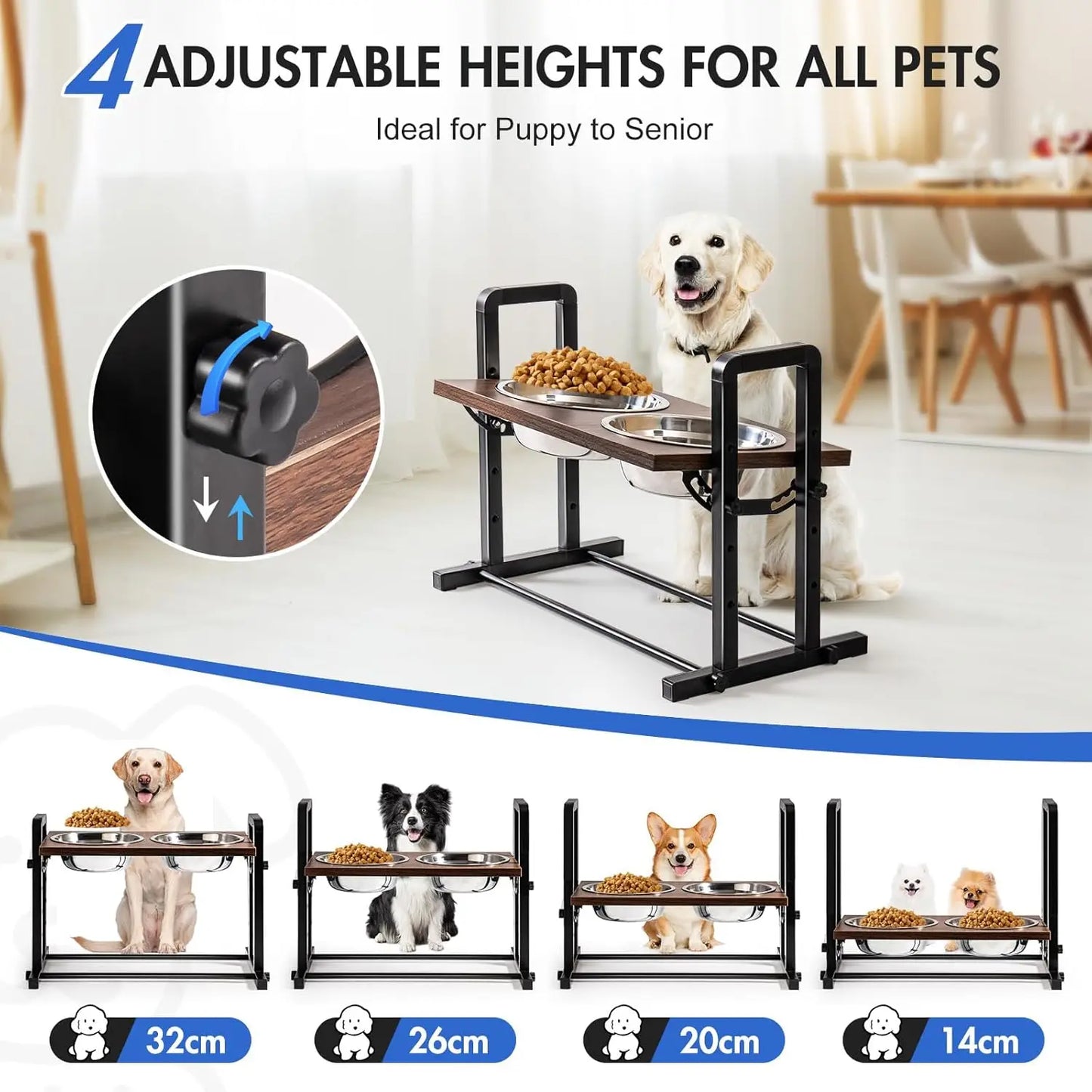 Raised Dog Bowls ; Height Adj Sturdy Wooden Feeder;l