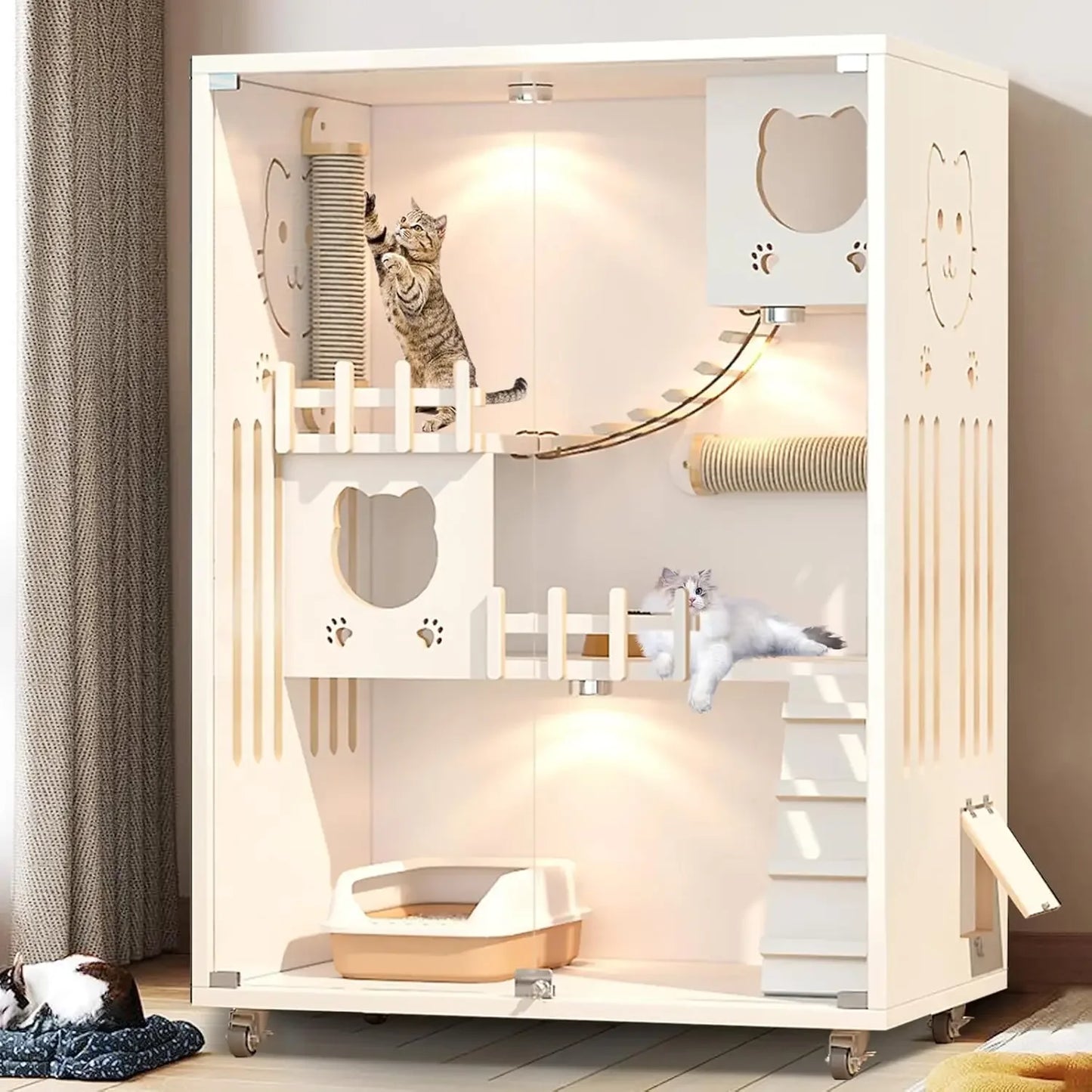 Large Enclosed Cat Condo Wooden; with Wheels,
