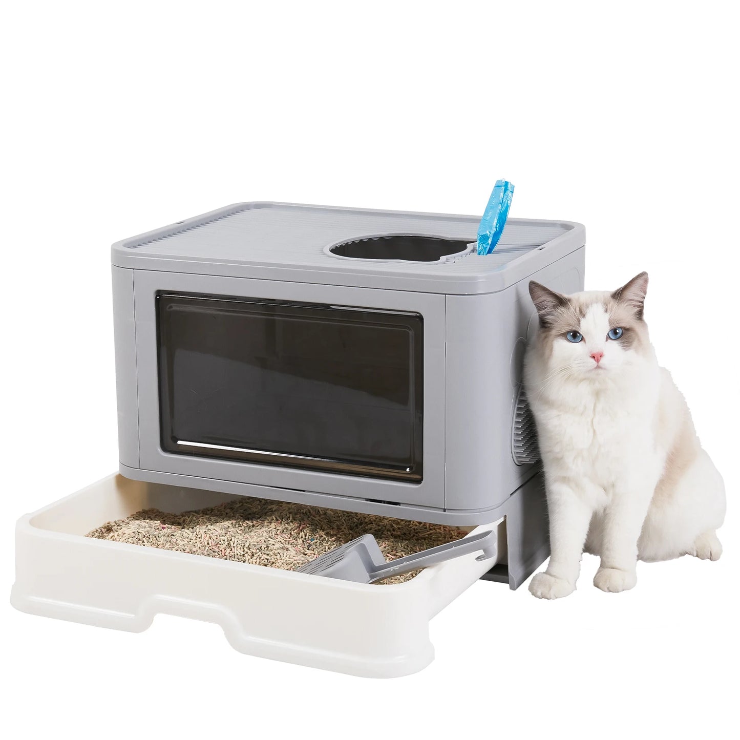 Foldable Cat Litter Box; Front Entry & Top Exit ; & Litter Scoop