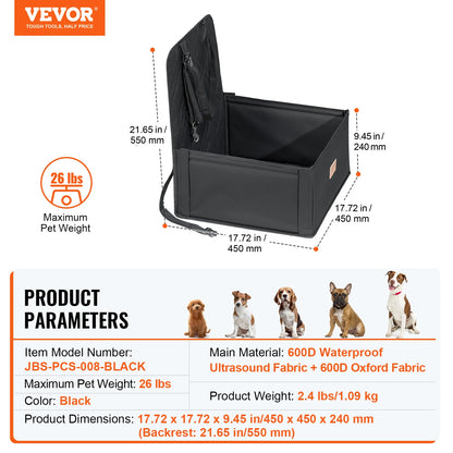 Dog Car Seat; Waterproof Dog Booster Seat; Pet Car Seat with Clip-On Safety Leash;