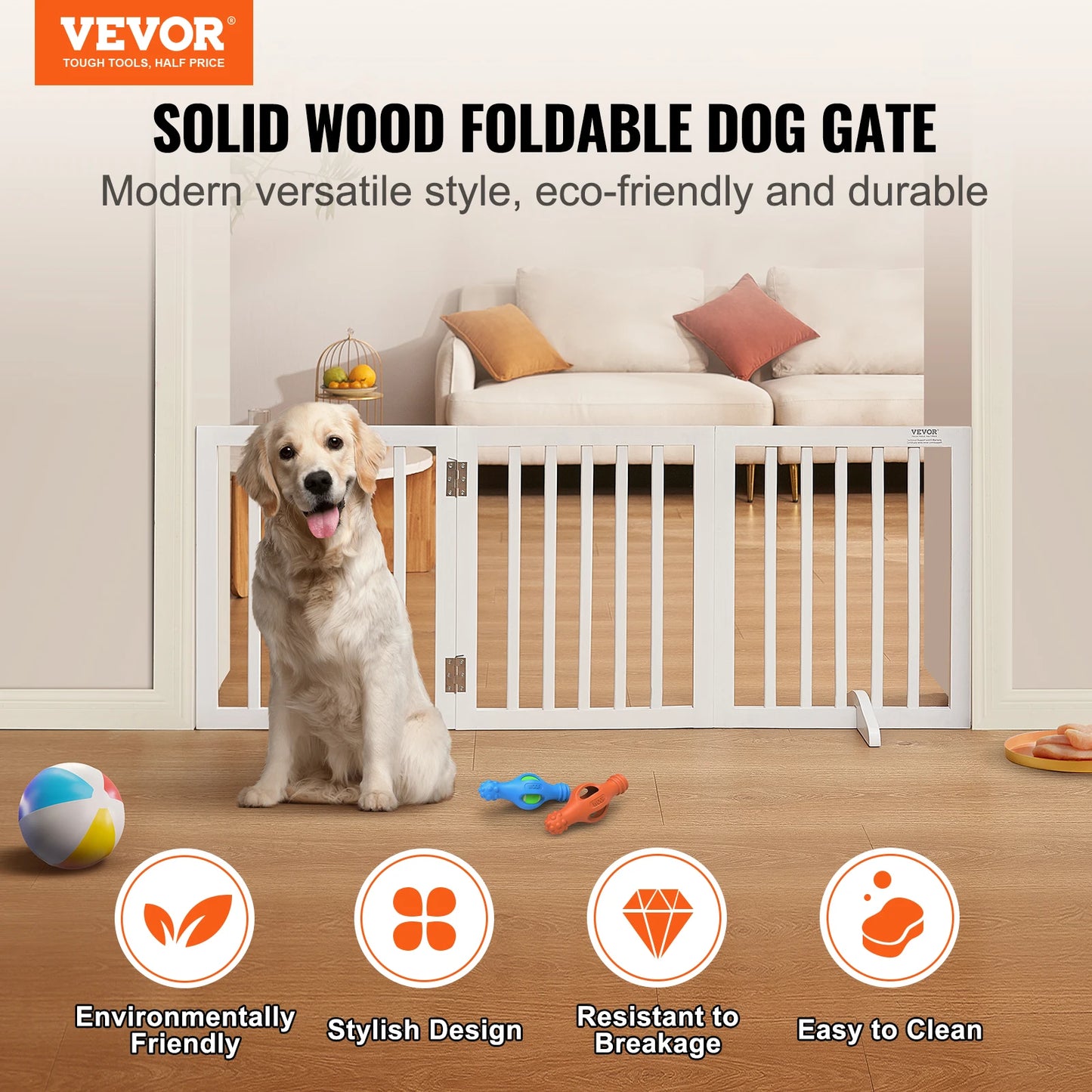 Freestanding Wood Pet Gate; 3 Panels Foldable ;Adjustable