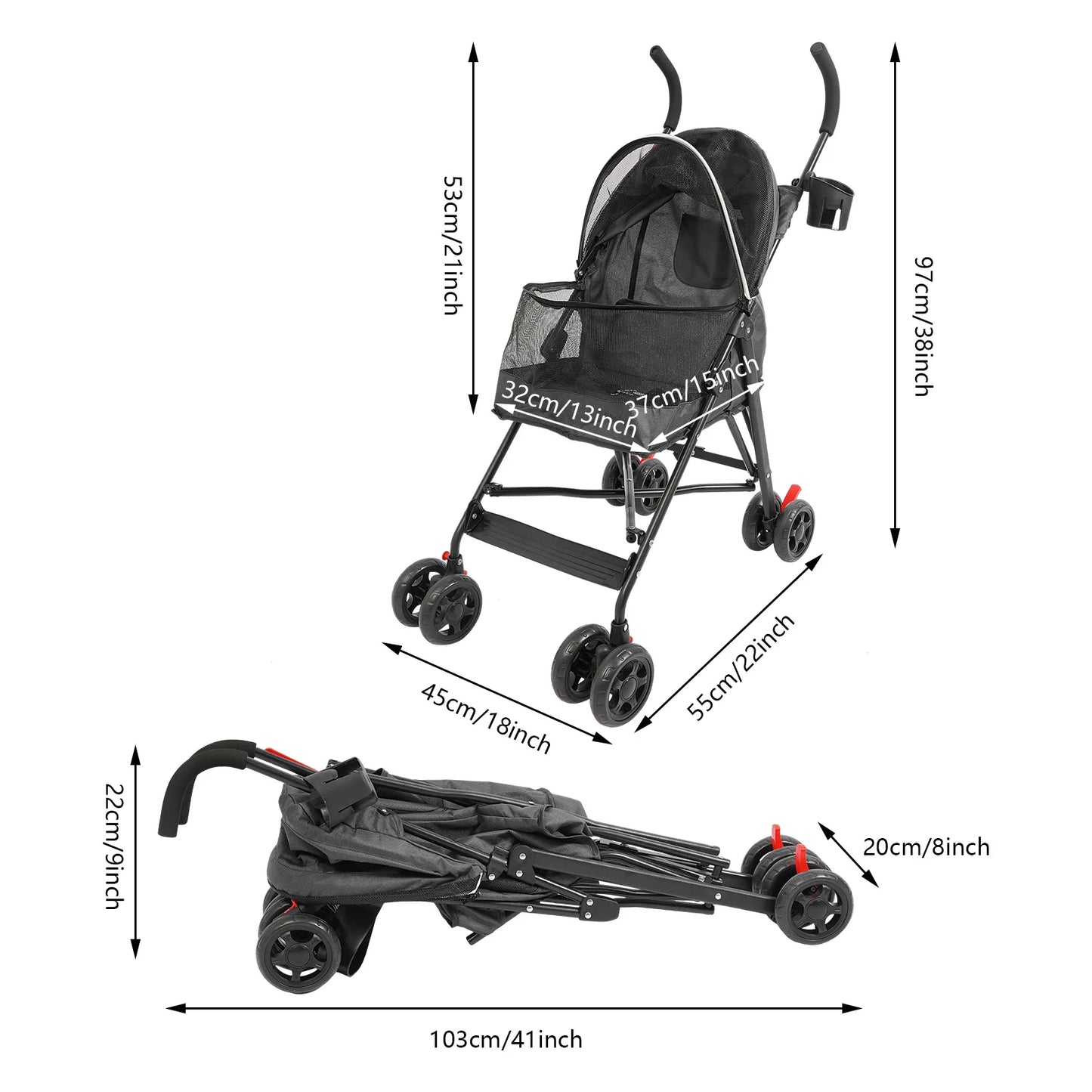 Pet Travel Stroller/ Foldable;Transport Cat/dog Stroller w/Safety Rope;