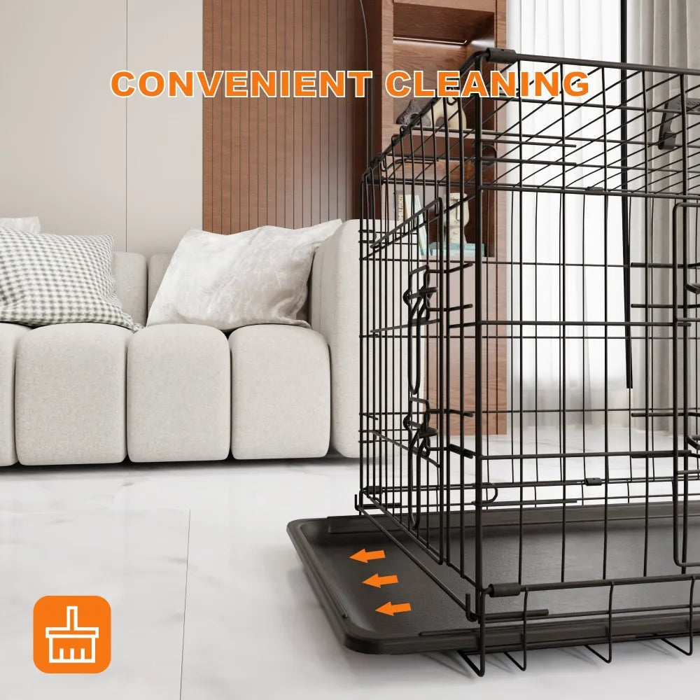 Dog Crate, 42 Inch; Large Dog Cage w/Divider &Plastic Leak-Proof Tray,