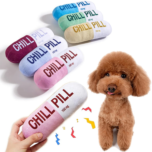 Interactive Plush Pill-Shaped Dog Toy with Squeaker;