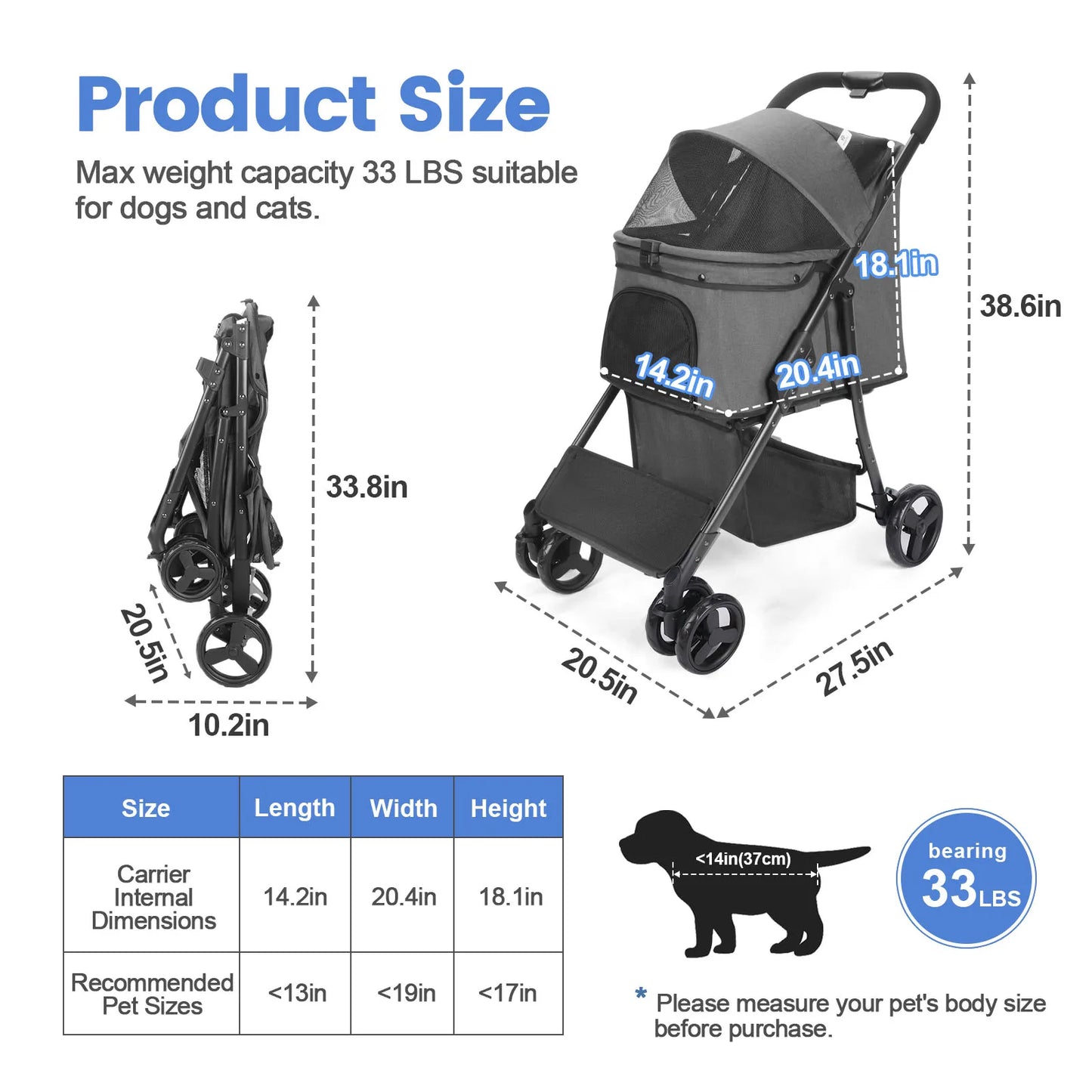 Pet Stroller;  Dog Stroller  w/ Brakes, Basket ;