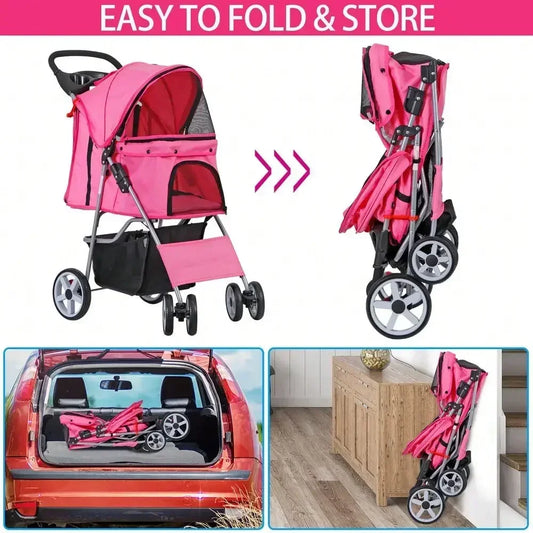 Pet Stroller Foldable; Jogger Travel Stroller w/ Basket;