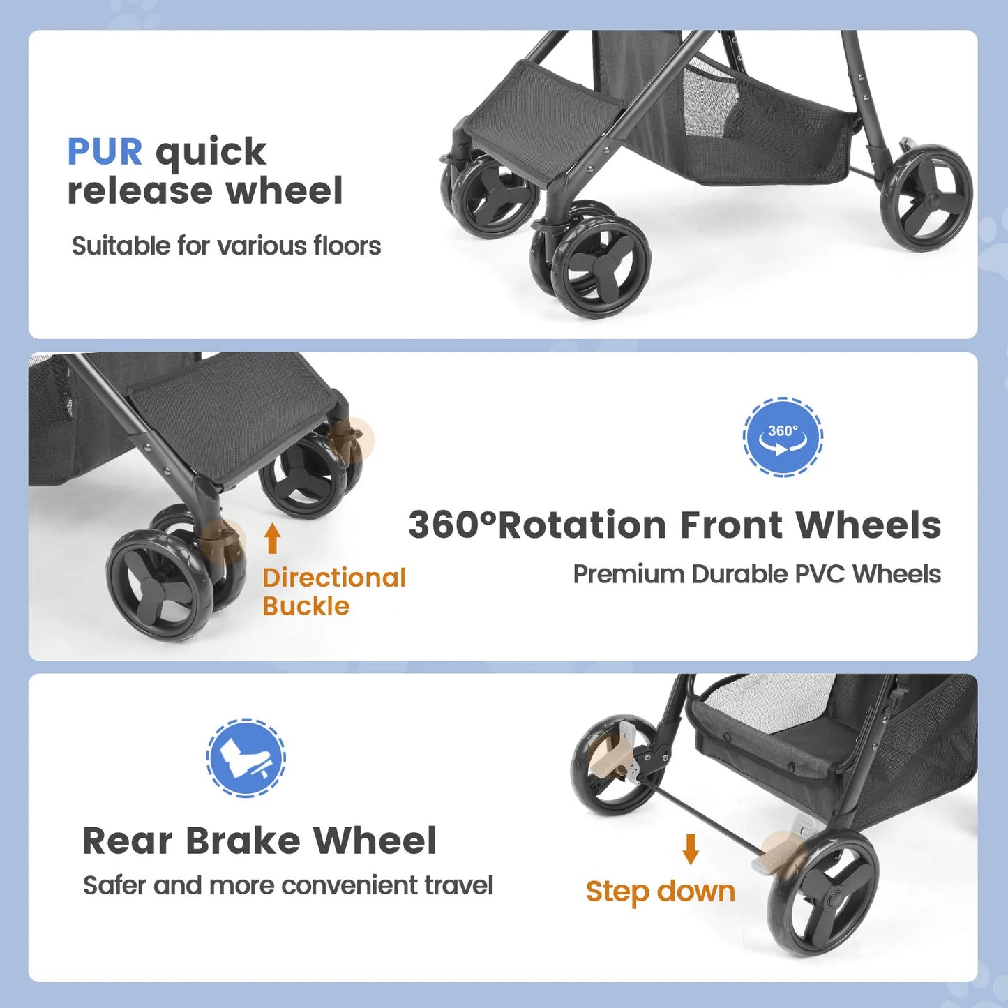 Pet Stroller;  Dog Stroller  w/ Brakes, Basket ;