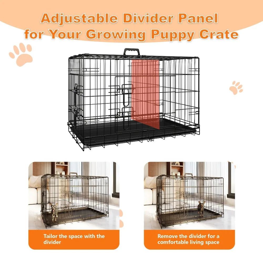 Dog Crate, 42 Inch; Large Dog Cage w/Divider &Plastic Leak-Proof Tray,