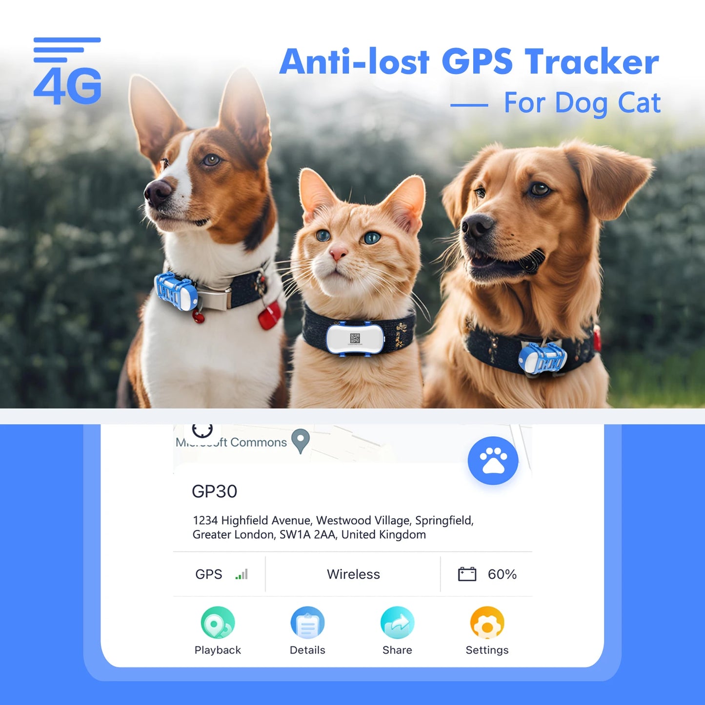 ‌4G Dog/ Cat GPS Tracker - Waterproof Smart Locator ;