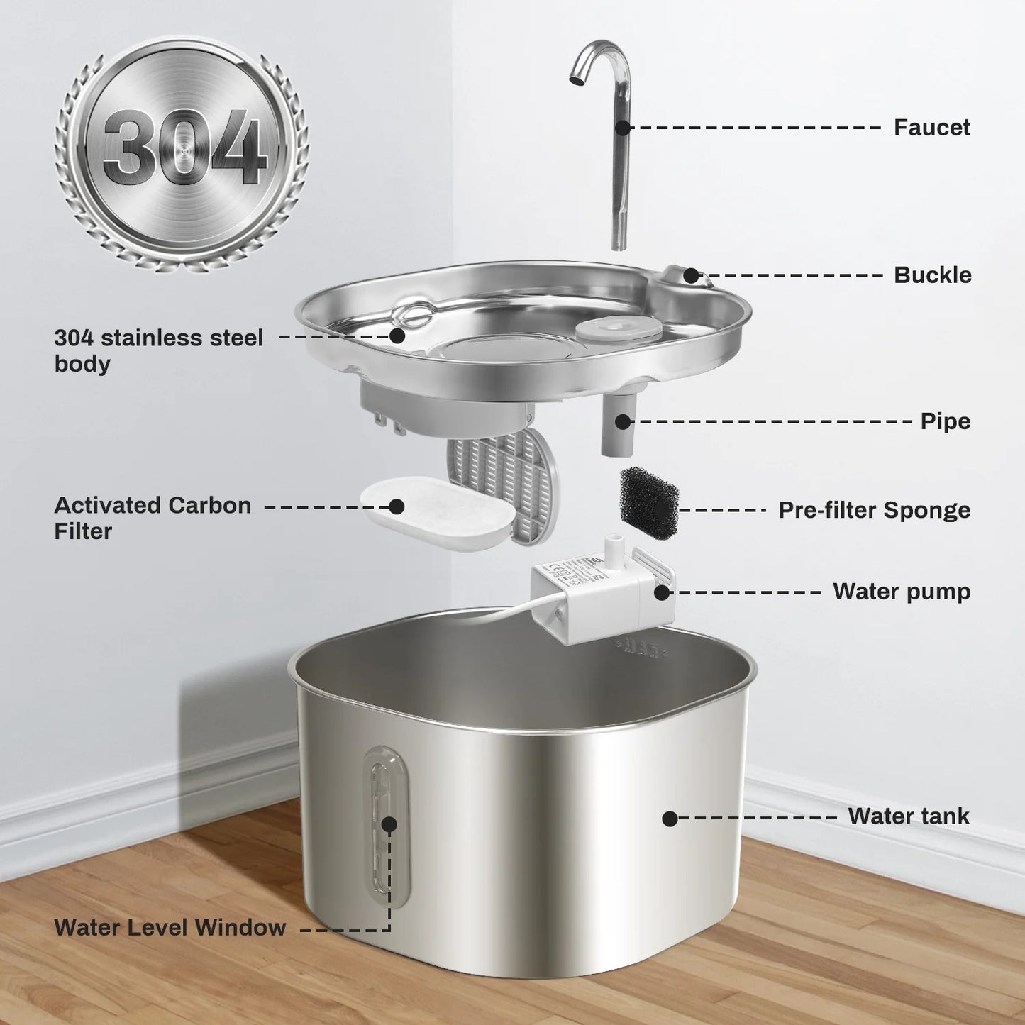 2.2L Stainless Steel Cat Water Fountain : Ultra Quiet Cat Fountain w/ Filtration, LED Water Level Window ;