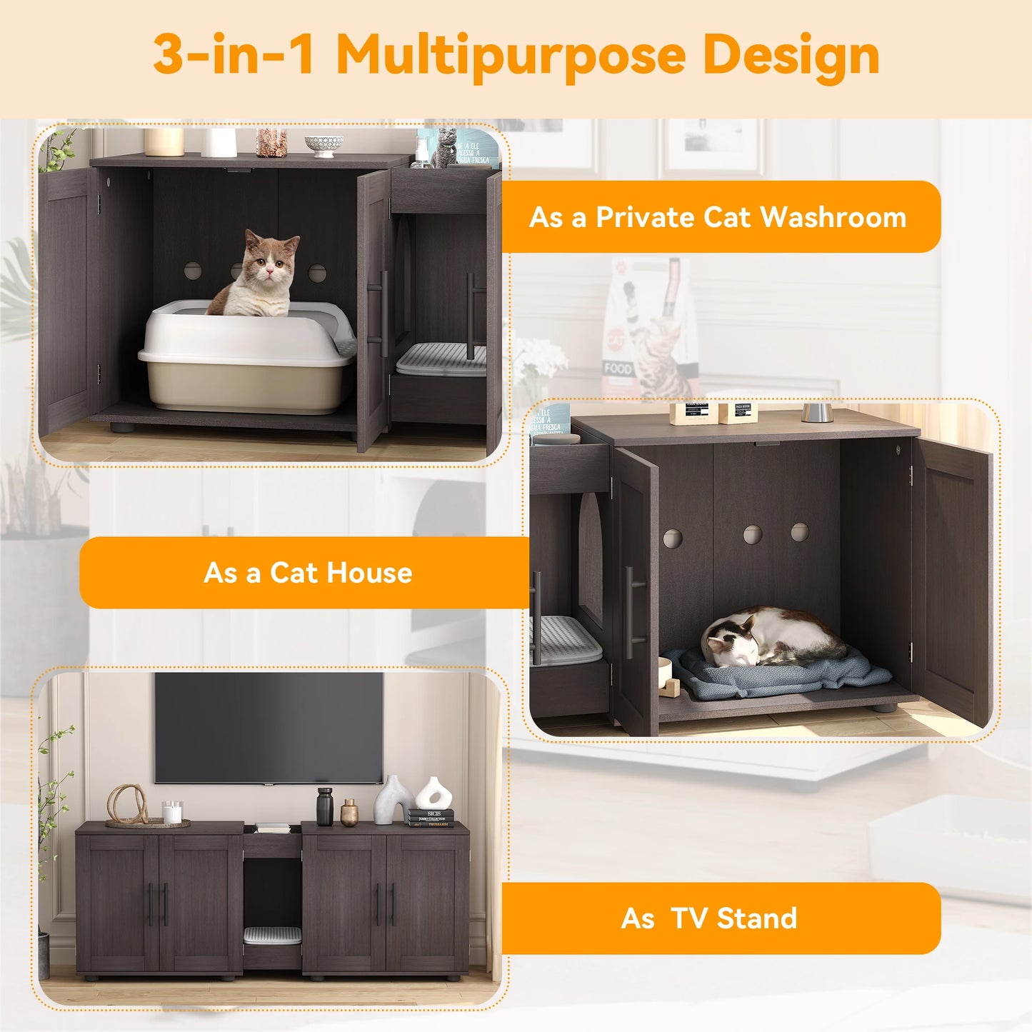 Double-Room Cat Litter Box;  2 Cat  Wooden Home Decor ;
