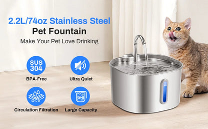 2.2L Stainless Steel Cat Water Fountain : Ultra Quiet Cat Fountain w/ Filtration, LED Water Level Window ;