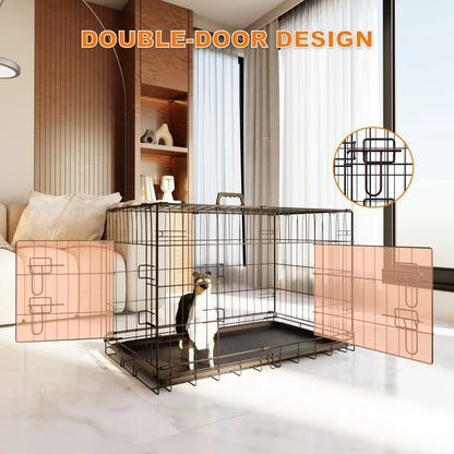 Dog Crate, 42 Inch; Large Dog Cage w/Divider &Plastic Leak-Proof Tray,