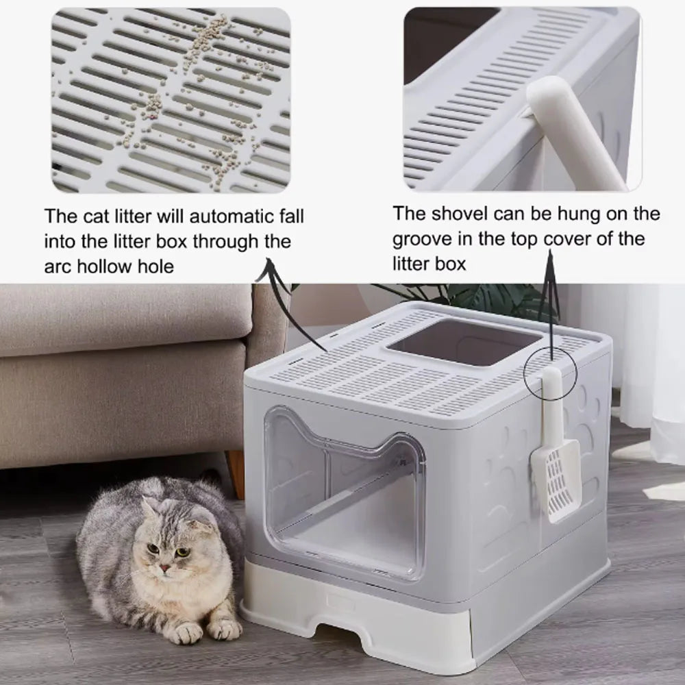 Convenient Foldable Litter Box: Drawer Design with Scooper:  Easy Cat Waste Management;