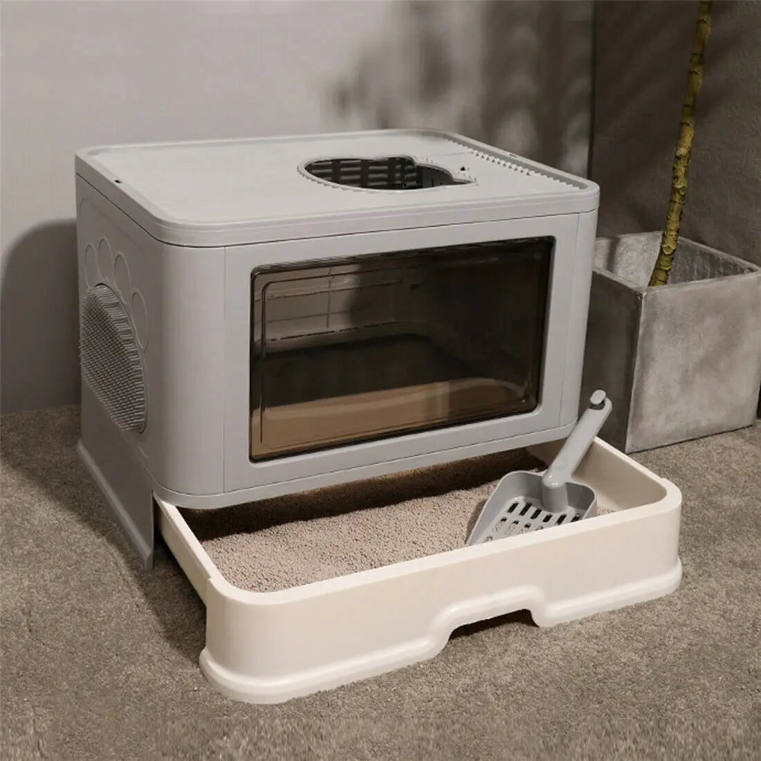 Foldable Cat Litter Box; Front Entry & Top Exit ; & Litter Scoop