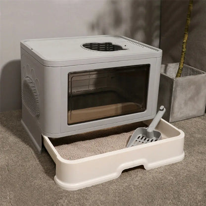 Foldable Cat Litter Box; Front Entry & Top Exit ; & Litter Scoop