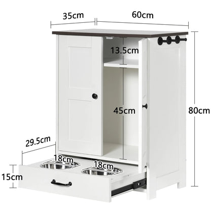 Pet Feeding Station; Food Storage Cabinet w/ Hooks Hidden Detachable Med. Stainless Steels Pet Bowls;