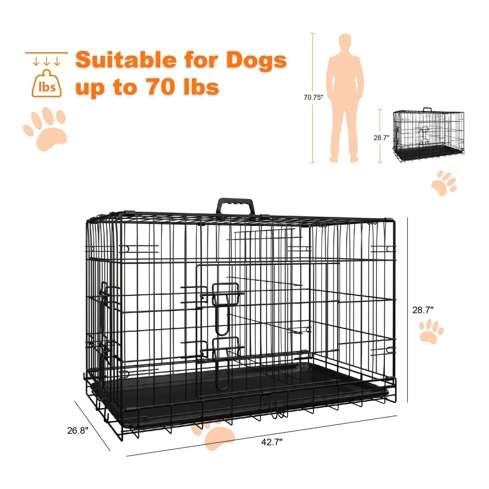 Dog Crate, 42 Inch; Large Dog Cage w/Divider &Plastic Leak-Proof Tray,