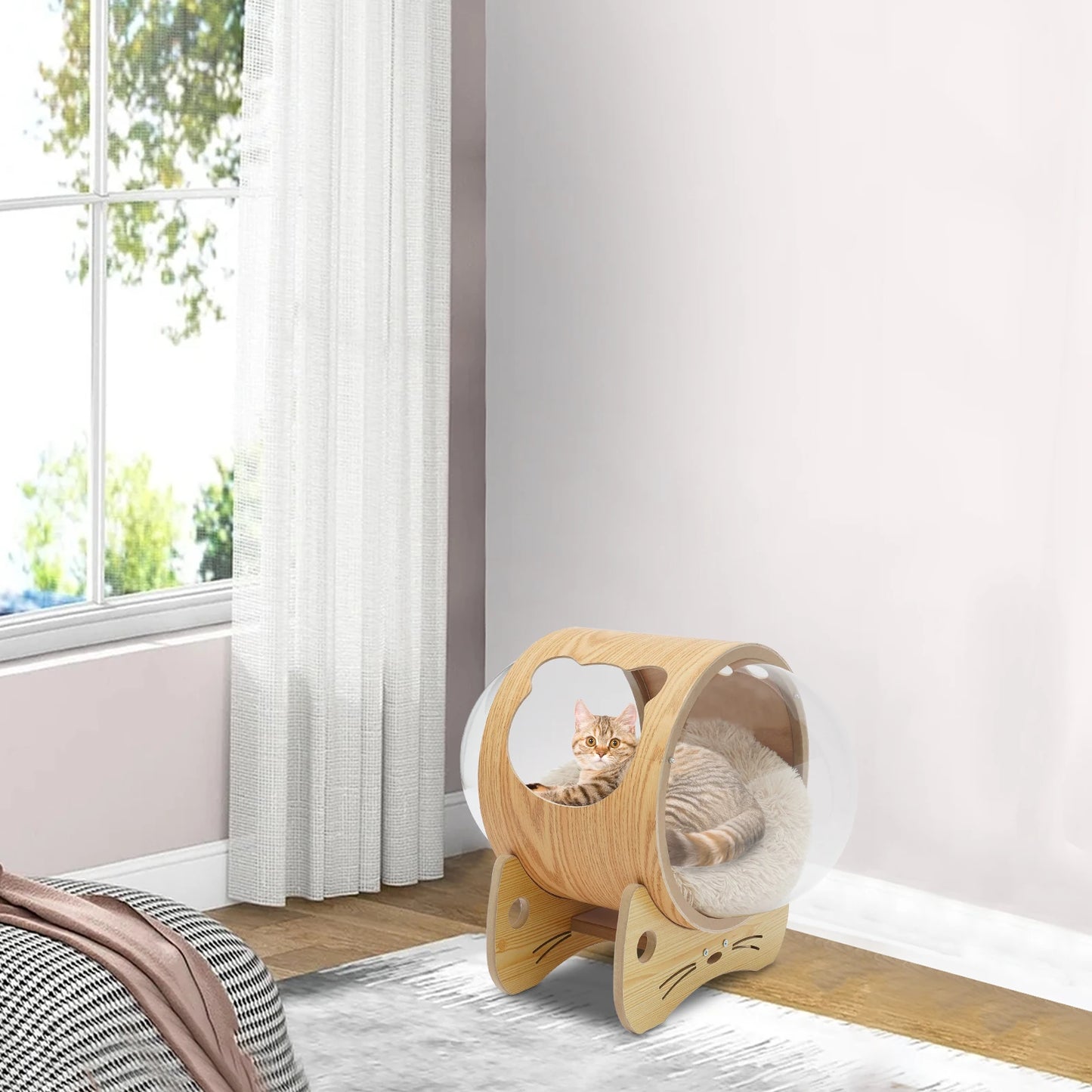 Cat Wooden Modern Pet Bed House & Cushion;